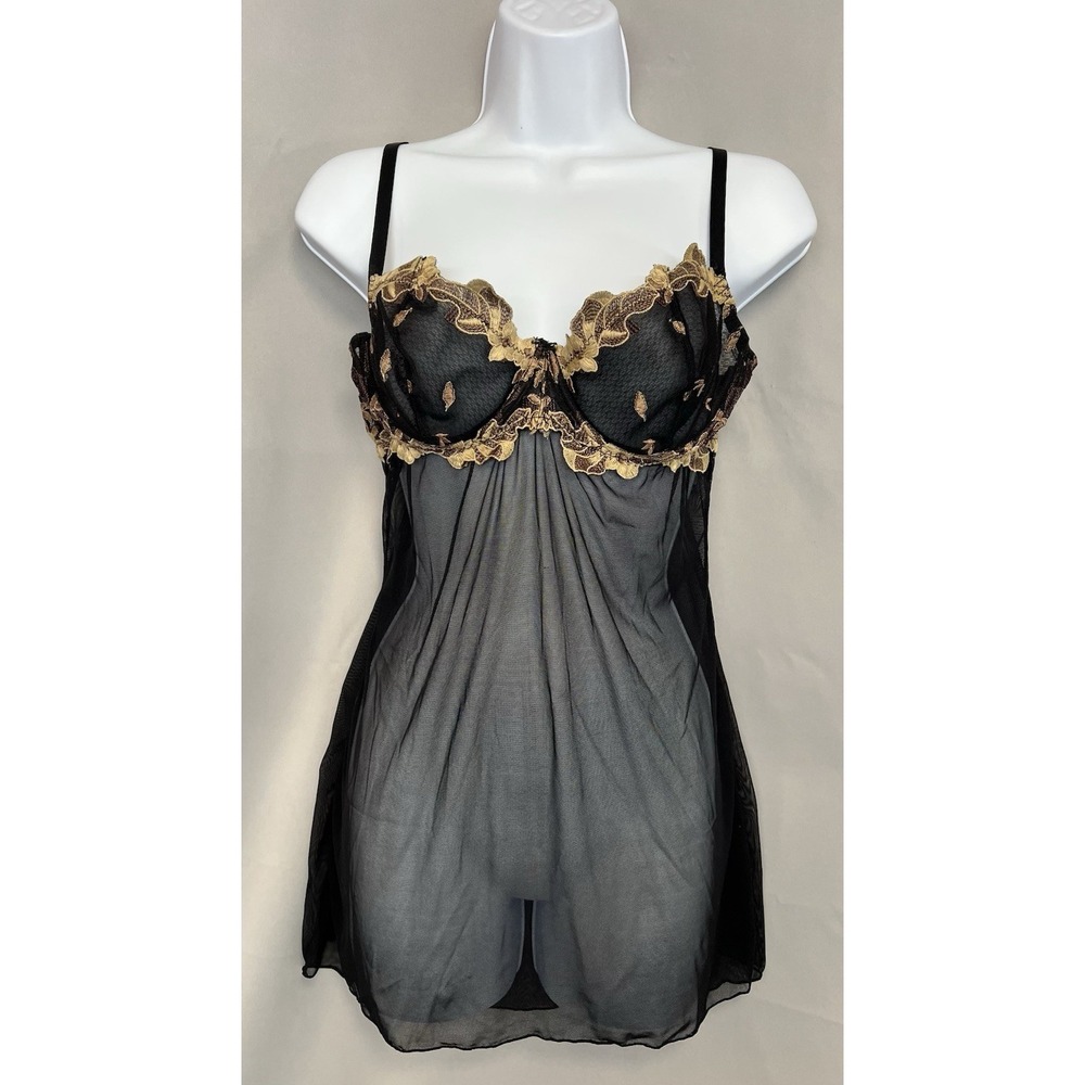VTG‎ Leonie Babydoll Nightgown Black Gold Embroidered Sz Medium